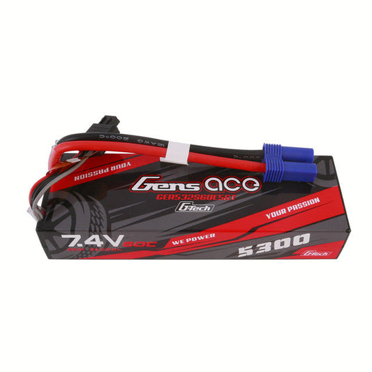 Gens Ace G-Tech 5300mAh 7.4V 60C 2S1P HardCase Lipo Battery Pack 24# With EC5 Plug For RC Car GensTattu