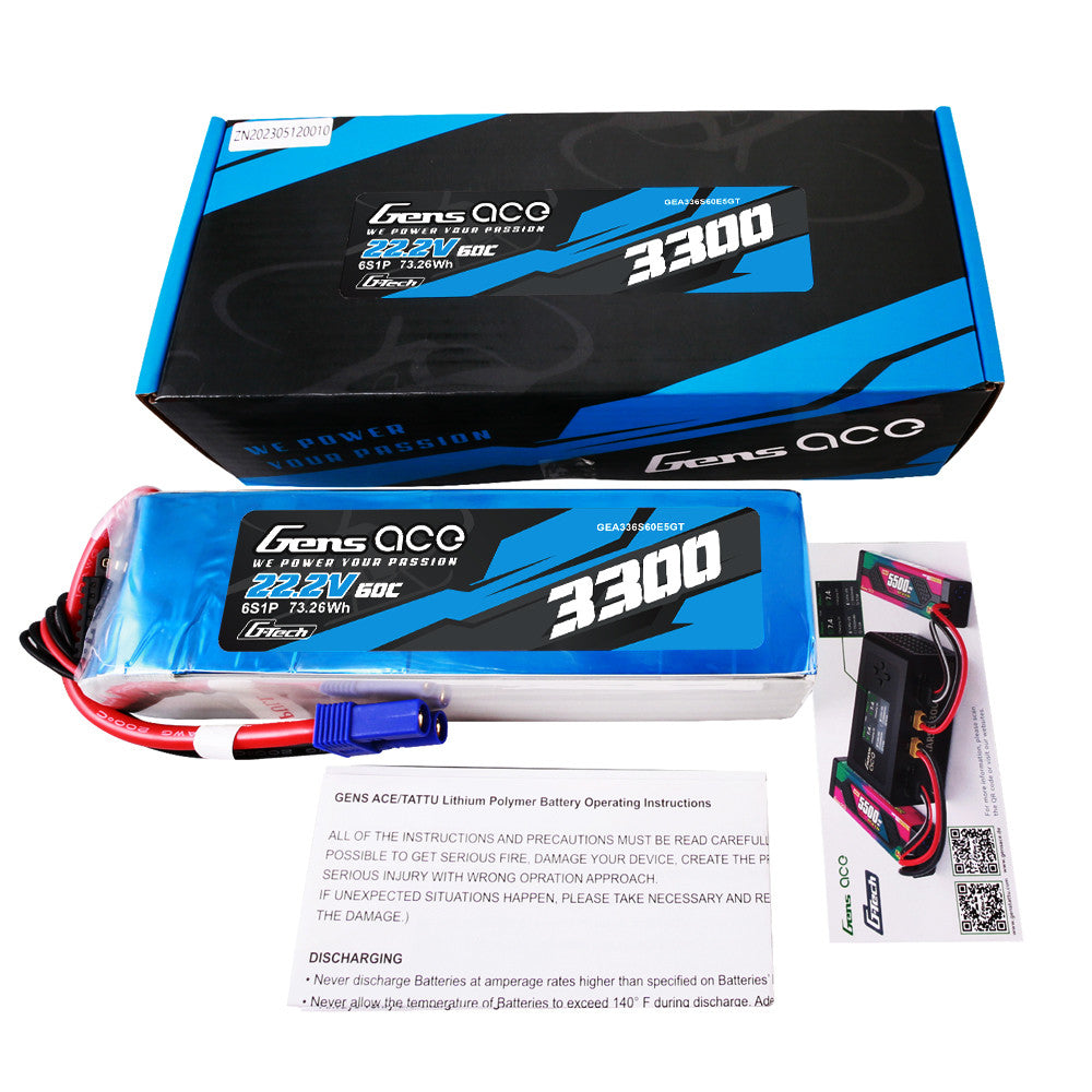 Gens ace 3300mAh 6S 60C 22.2V Lipo Battery | EC5 Plug | Air Classic GensTattu