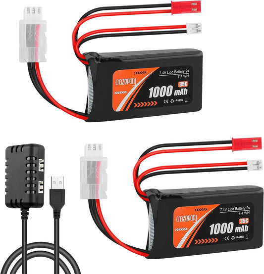 2S 1000mAh 7.4V Lipo Battery: 2Pcs SCX24 Batteries with PH2.0 & JST Plug 35C Lithium Battery with 2 in 1 USB Charger for WLtoys A949 A959 A969 A979 Most 1/10 1/16 1/18 1/24 RC Cars