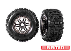Traxxas: Tires & wheels, assembled, glued (black chrome wheels, belted Sledgehammer® All-Terrain tires, dual profile (2.9" outer, 3.8" inner), foam inserts) (2) (17mm splined) (TSM® rated) (8979R) TRAXXAS