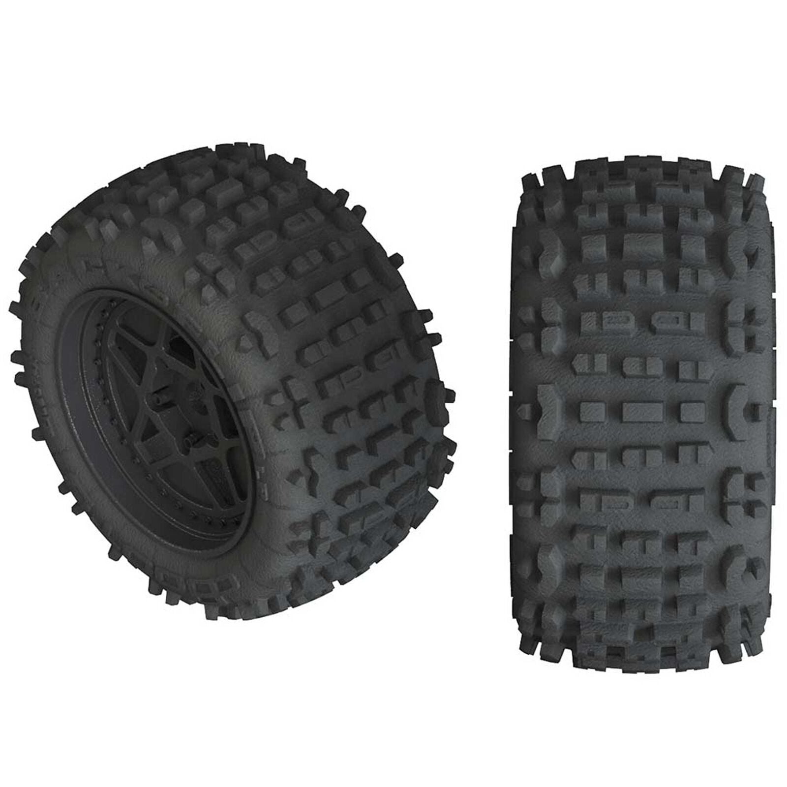 ARRMA (AR550050) 1/10 dBoots Backflip LP Front/Rear 3.8 Pre-Mounted Tires, 17mm Hex, Black (2): 4S (ARAC9468) Horizon Hobby