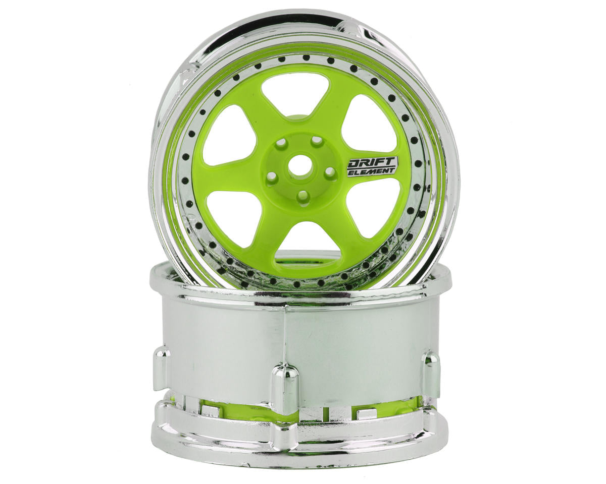 DS Racing Drift Element 6 Spoke Drift Wheel (Green Face/Chrome Lip/Black Rivets) (Adjustable Offset) w/12mm Hex Amain Hobbies