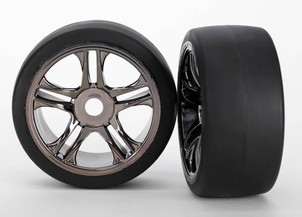 Front Black Chrome Wheels & Belted S1 Slick Tires (2) TRAXXAS