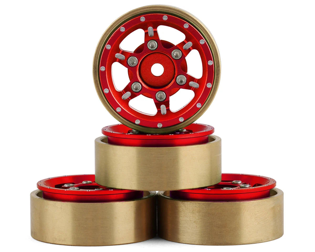Samix: SCX24 Aluminum & Brass Adjustable Offset 1.0" Beadlock Wheels (Red) (4) (23.75g) Amain Hobbies