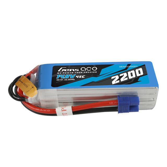 Gens ace 2200mAh 45C 14.8V 4S1P Lipo Battery Pack with EC3 Plug GensTattu
