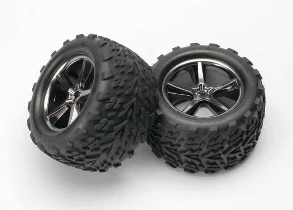 Traxxas Tires & wheels, assembled, glued (Gemini black chrome wheels, Talon tires, foam inserts) (2) (5374A) TRAXXAS