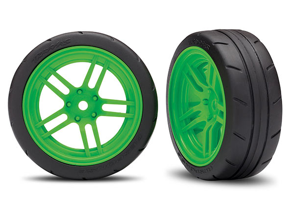 Traxxas Tires and wheels, assembled, glued (split-spoke green wheels, 1.9" Response tires) (front) (2) (VXL rated) (8373G) TRAXXAS