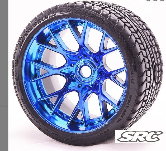 SRC Monster Truck Road Crusher Belted tire preglued on WHD Blue Chrome wheel 2pc set (C1001BC) Sweep Racing