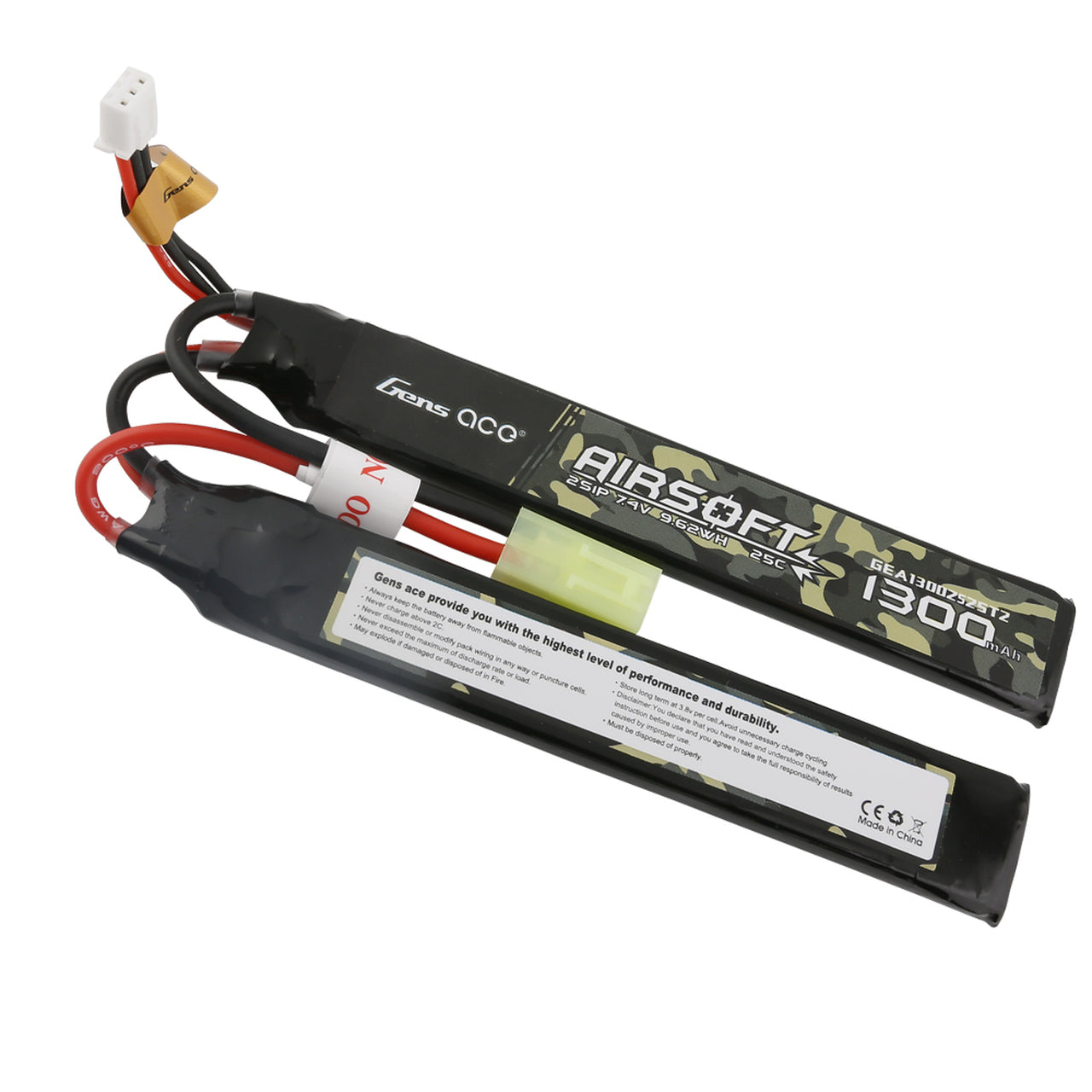 Gens Ace 25C 1300mAh 2S1P 7.4V 2X Airsoft Gun Battery with Tamiya Plug GensTattu