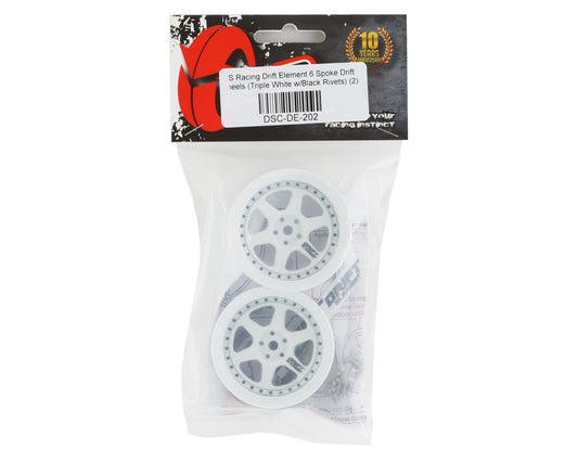 DS Racing Drift Element 6 Spoke Drift Wheels (Triple White w/Black Rivets) (2) (Adjustable Offset) w/12mm Hex (DSC-DE-202) Amain Hobbies