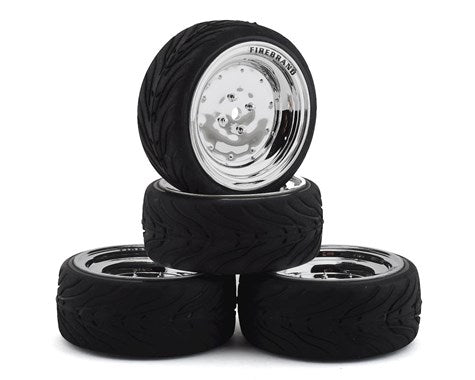 Firebrand RC Retrodrag RT3 Pre-Mounted On-Road Tires (4) (Chrome) w/Fang Tires, 12mm Hex & 3mm Offset (FBR1WHERET690) Amain Hobbies