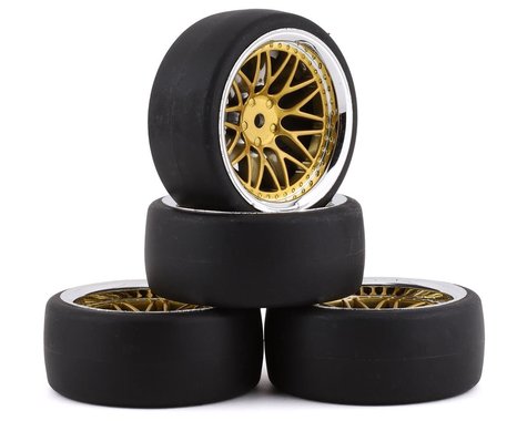 Yeah Racing Spec D Pre-Mounted Drift Tires w/LS Mesh Wheels (Chrome/Gold) (4) w/12mm Hex & 6mm Offset (WL-0099) Yeah Racing