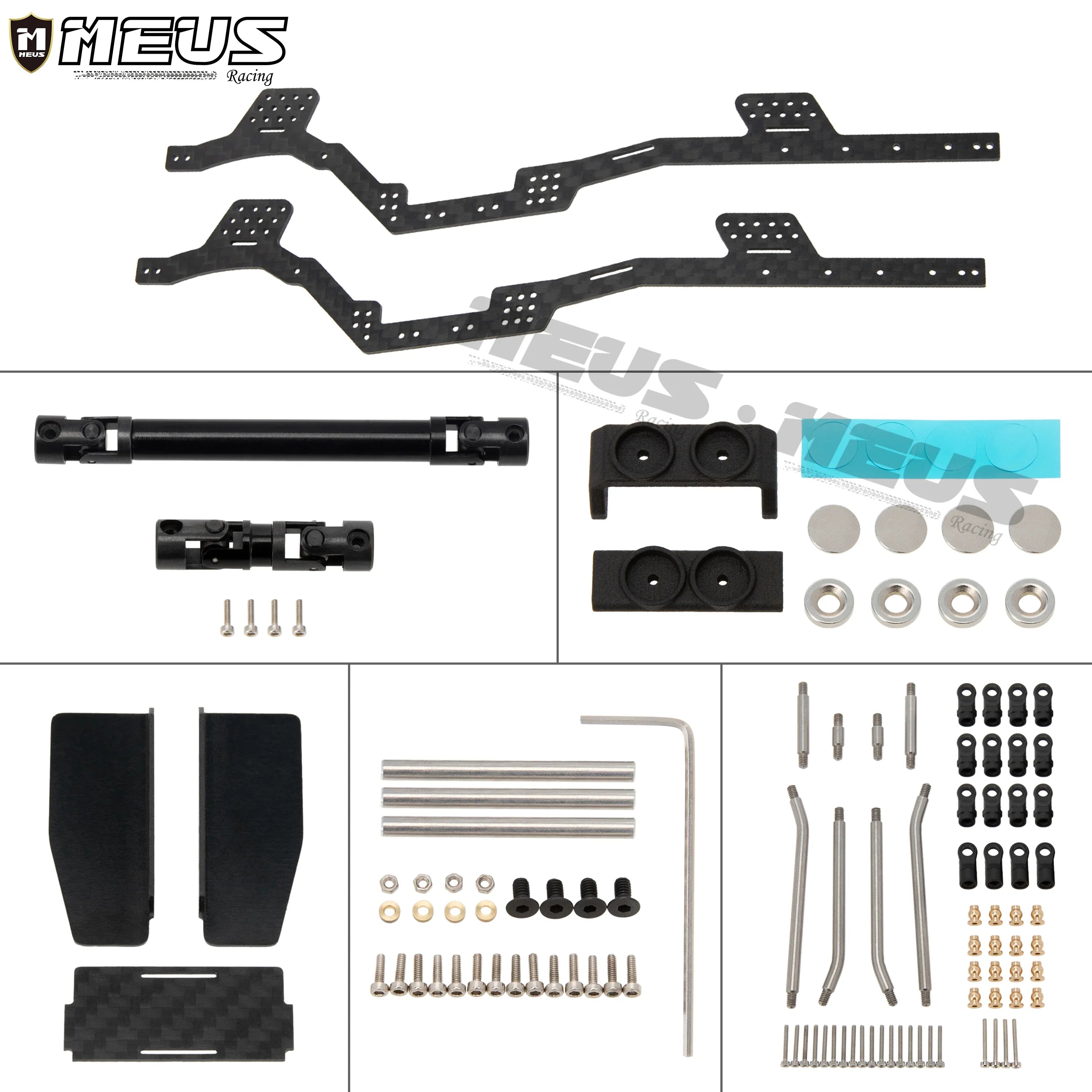 Meus Racing 1/24 Transmission Front System DIY Kits LCG Carbon Fiber Chassis Frame Bend Links Drive Shaft Magnetic Invisible Body Mount 132MM Wheelbase for SCX24 C10 Wrangler Heli Direct