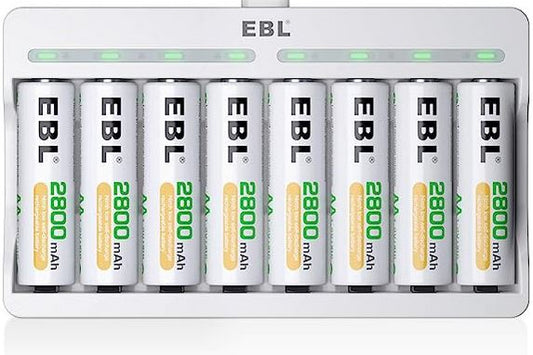 EBL Rechargeable AA Batteries 2800mAh 8 Pack and 8-Bay AA AAA Individual Rechargeable Battery Charger with 5V 2A USB Fast Charging Function