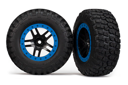 Traxxas Tire & wheel assy, glued (SCT Split-Spoke, black, blue beadlock wheels, BFGoodrich® Mud-Terrain™ T/A® KM2 tire, inserts) (2) (4WD f/r, 2WD rear) (5883A)