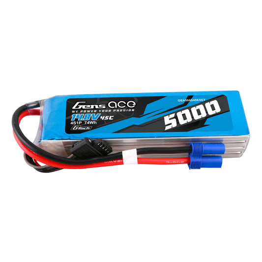 Gens ace: 5000mAh 4s 45C 14.8V G-tech Lipo Battery Pack with EC5 Plug