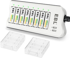 EBL 2800mAh Ni-MH AA Rechargeable Batteries (8 Pack) and Rechargeable AA AAA Battery Charger with 2 USB Charging Ports