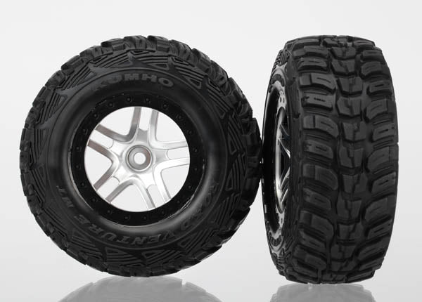 Traxxas:  Tire & wheel assy, glued (S1 compound) (SCT Split-Spoke satin chrome, black beadlock wheel, Kumho tire, insert) (2) (4WD front/rear, 2WD rear only)