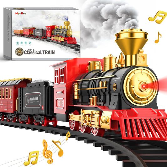 Hot Bee Train Set w/Smokes, Lights & Sound, Tracks, Toy Train w/Steam Locomotive Engine, Cargo Cars & Tracks, Christmas Train