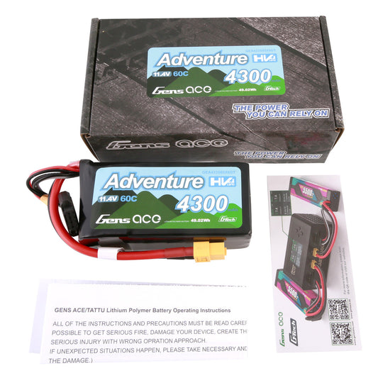 Gens Ace Adventure High Voltage 4300mAh 3S1P 11.4V 60C G-techLipo Battery with XT60 Plug