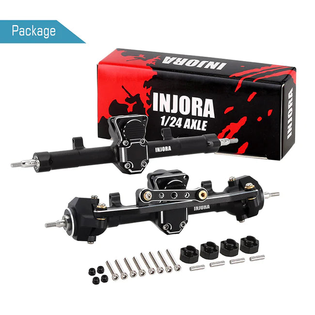 INJORA Black Aluminum Front & Rear Axles Set for Axial SCX24 (SCX24-123FR) INJORA