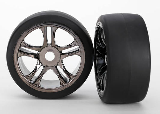 Rear Black Chrome Wheels & Belted S1 Slick Tires (2) TRAXXAS