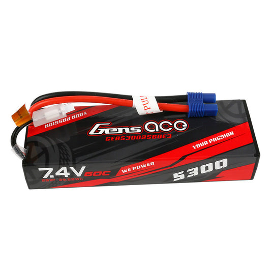 Gens Ace 5300mAh 7.4V 60C 2S1P HardCase Lipo Battery Pack 24# With EC3 Plug For RC Car