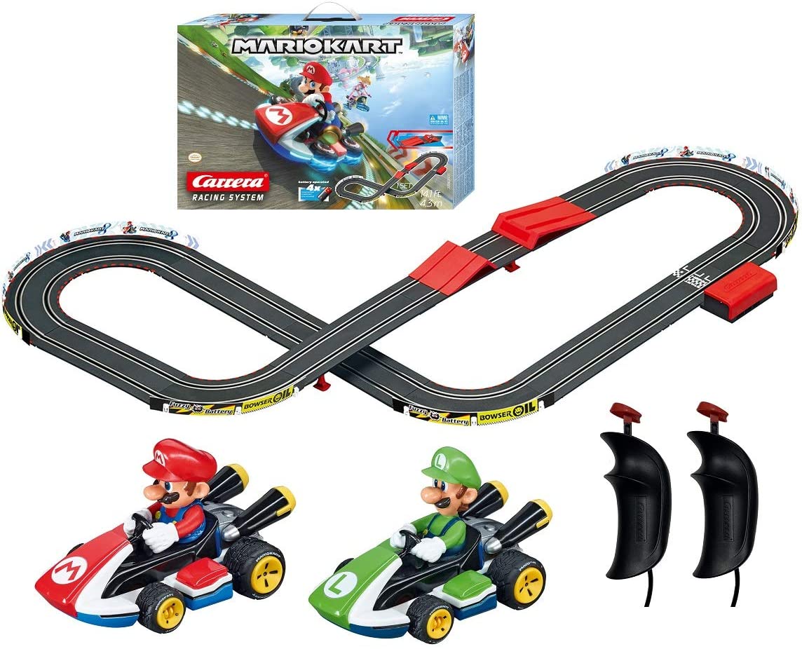 Mario Kart Battery Operated 1:43 Scale Slot Car Racing Toy Track Set with Jump Ramp Featuring Mario and Luigi
