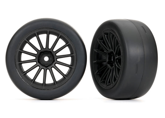 Traxxas Tires & Wheels, Assembled, Glued (multi-spoke black wheels, 2.0" ultra-wide slick tires, foam inserts) (front) (2) (9374)