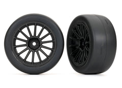 Traxxas Tires & Wheels, Assembled, Glued (multi-spoke black wheels, 2.0" ultra-wide slick tires, foam inserts) (front) (2) (9374) TRAXXAS
