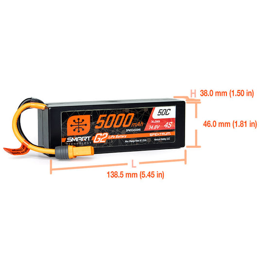 Spektrum 14.8V 5000mAh 4S 50C Smart LiPo G2 Hard Case: IC5 (SPMX54S0H5)