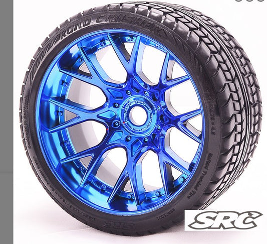 SRC Monster Truck Road Crusher Belted tire preglued on WHD Blue Chrome wheel 2pc set (C1001BC)