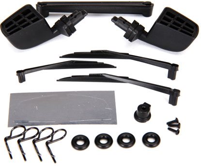 Traxxas Mirrors, side, black (left & right)/ o-rings (4)/ windshield wipers, left, right, & rear/ wiper retainers (2)/ body clips (4)/ 1.6x5 BCS (self-tapping) (3) (8817) TRAXXAS