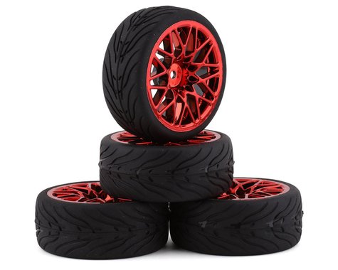 Yeah Racing Spec T Pre-Mounted On-Road Touring Tires w/LS Wheels (Red) (4) w/12mm Hex & 3mm Offset (WL-0108)