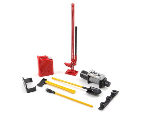 Yeah Racing 6-Piece Scale Tool Set (Red) w/Axe, Shovel, Oil Tank, Jack, Winch (YA-0356RD)