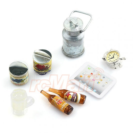 Yeah Racing 1/10 RC Crawler Camping Accessory Combo W/ Beer Bottle & Glass, iPad, Tin Can, Metal Milk Can (YA-0365)